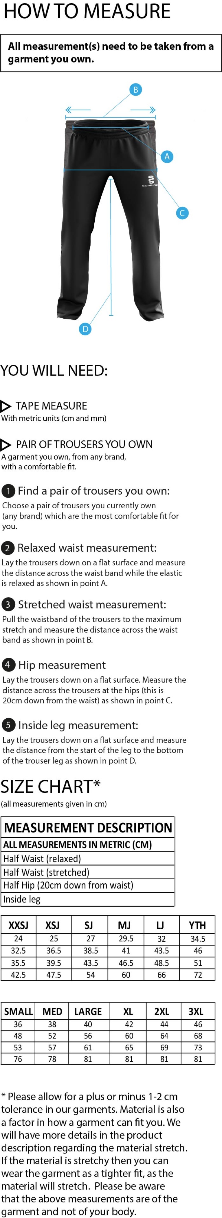 BARWELL CC POPLIN TRACK PANT WITH LYCRA - Size Guide