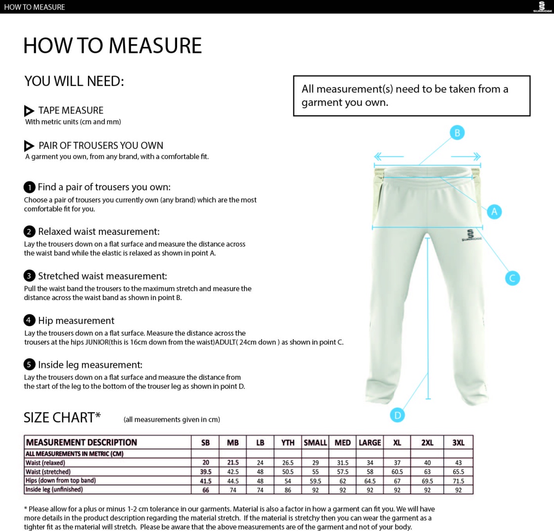 Barwell CC Pro Playing Trousers - Size Guide