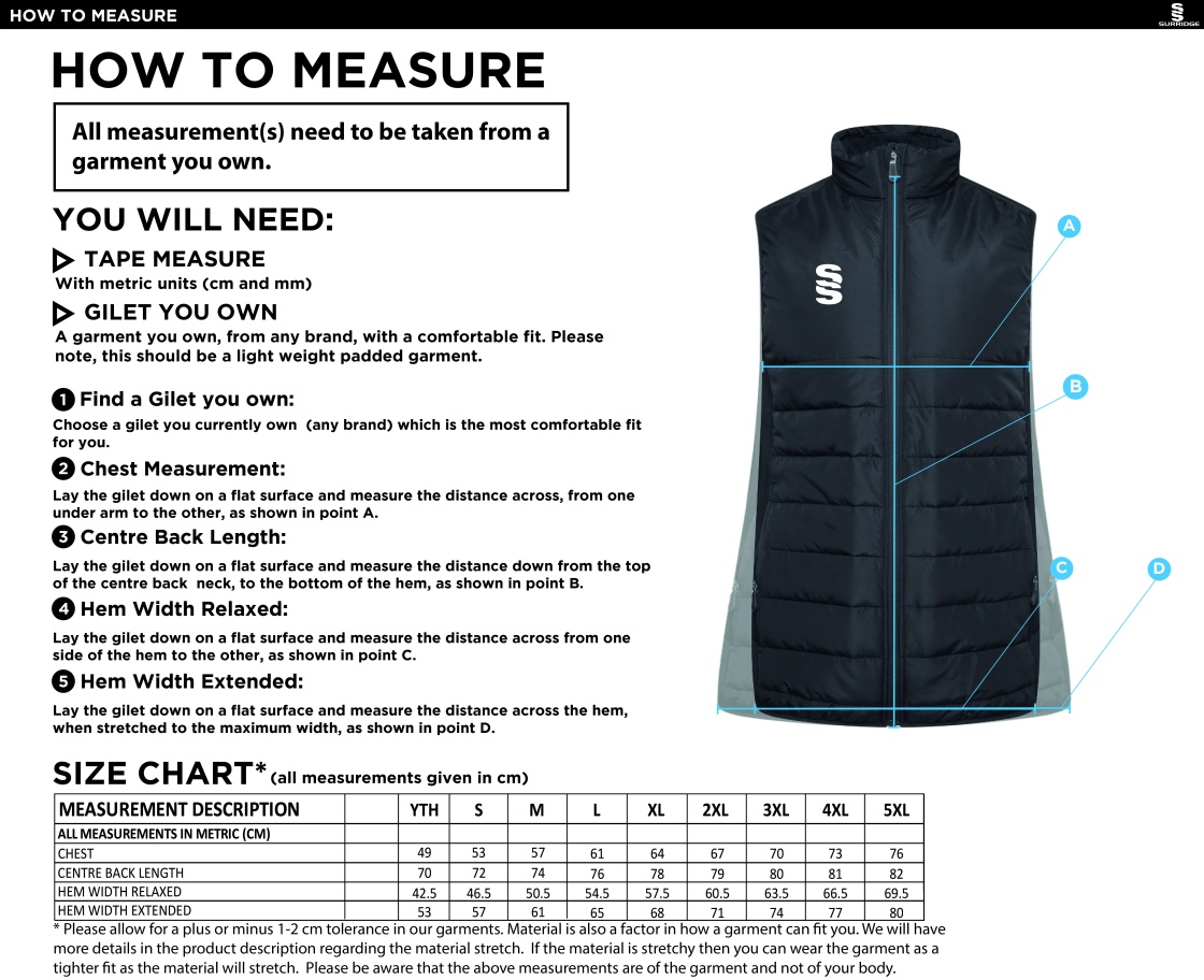 Barwell CC ACTIVE GILET - NAVY - Size Guide