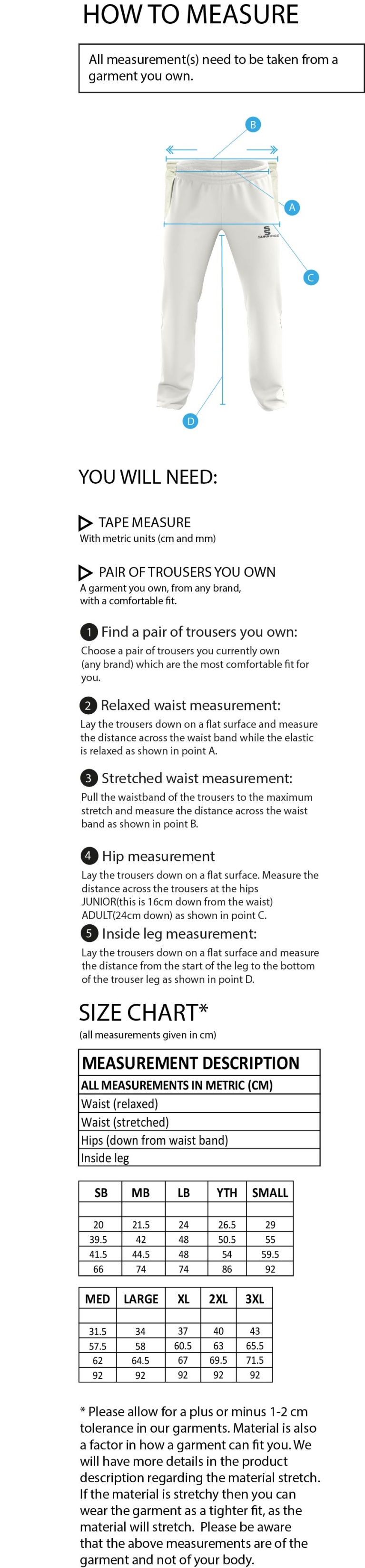 Barwell CC Pro Playing Trousers - Size Guide