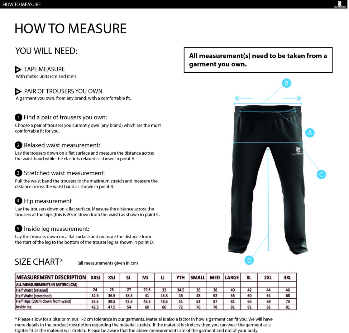 BARWELL CC POPLIN TRACK PANT WITH LYCRA - Size Guide