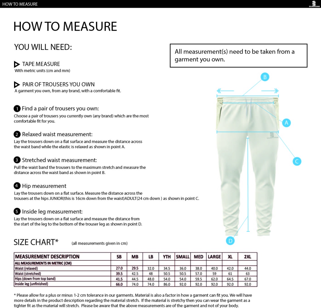 Barwell CC Tek Playing Trousers - Size Guide