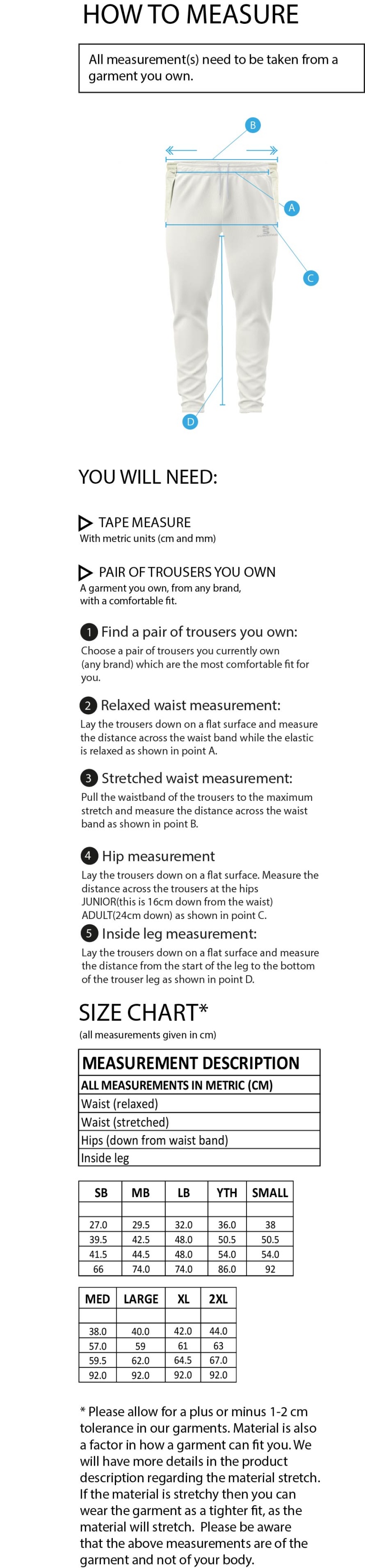 Barwell CC Tek Playing Trousers - Size Guide