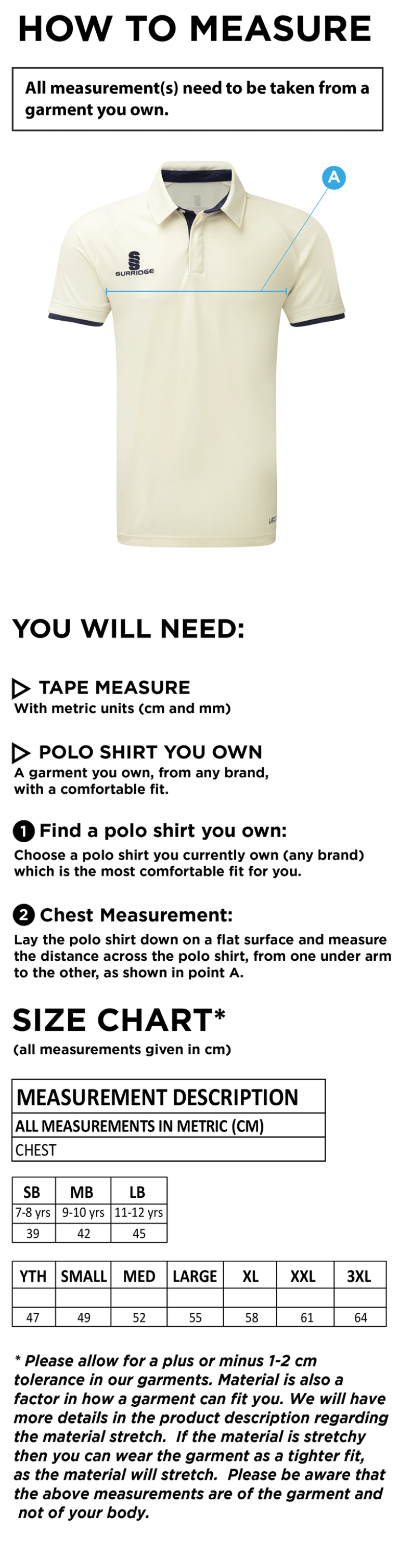 Barwell CC Ergo Shirt Short Sleeve - Size Guide